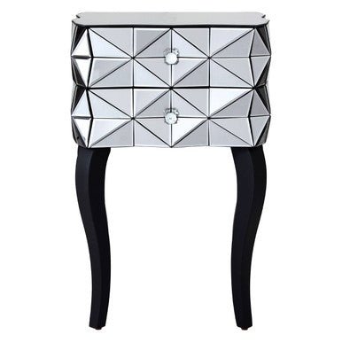 Silver Smoked 3D Geometric Glass Front 2-Drawer Bedside Table with Cut Glass Handles and Cabriole Legs | Soho | Luxury Home Accessories | Heulog Glow