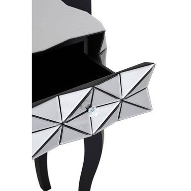 Silver Smoked 3D Geometric Glass Front 2-Drawer Bedside Table with Cut Glass Handles and Cabriole Legs | Soho | Luxury Home Accessories | Heulog Glow