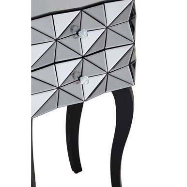 Silver Smoked 3D Geometric Glass Front 2-Drawer Bedside Table with Cut Glass Handles and Cabriole Legs | Soho | Luxury Home Accessories | Heulog Glow