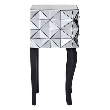 Silver Smoked 3D Geometric Glass Front 2-Drawer Bedside Table with Cut Glass Handles and Cabriole Legs | Soho | Luxury Home Accessories | Heulog Glow