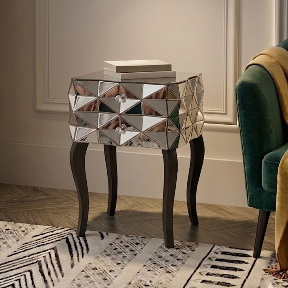 Silver Smoked 3D Geometric Glass Front 2-Drawer Bedside Table with Cut Glass Handles and Cabriole Legs | Soho | Luxury Home Accessories | Heulog Glow