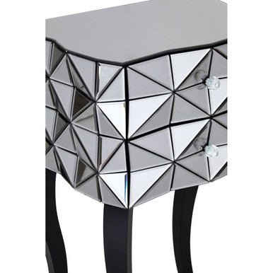 Silver Smoked 3D Geometric Glass Front 2-Drawer Bedside Table with Cut Glass Handles and Cabriole Legs | Soho | Luxury Home Accessories | Heulog Glow