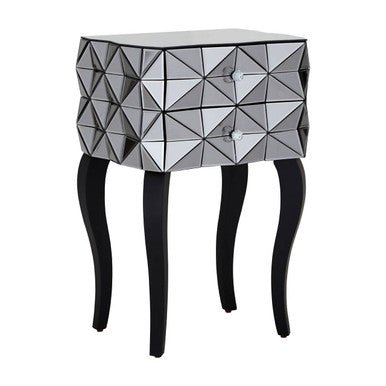 Silver Smoked 3D Geometric Glass Front 2-Drawer Bedside Table with Cut Glass Handles and Cabriole Legs | Soho | Luxury Home Accessories | Heulog Glow