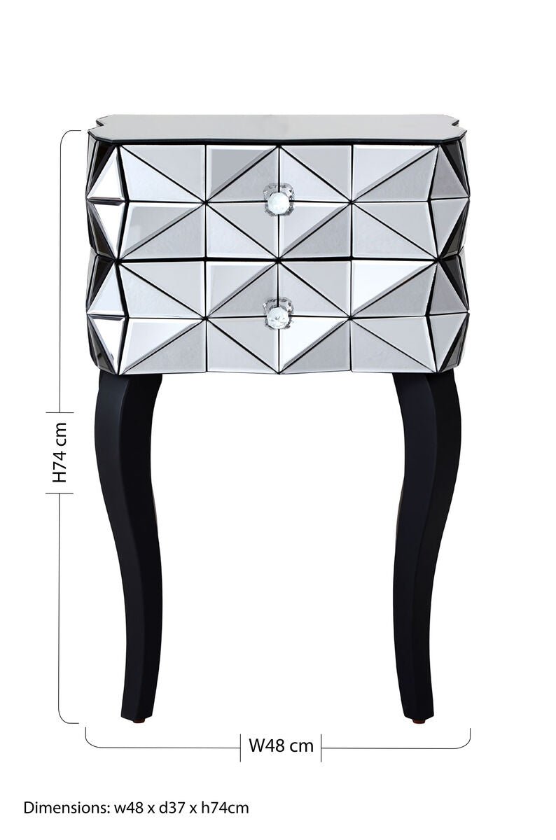 Silver Smoked 3D Geometric Glass Front 2-Drawer Bedside Table with Cut Glass Handles and Cabriole Legs | Soho | Luxury Home Accessories | Heulog Glow