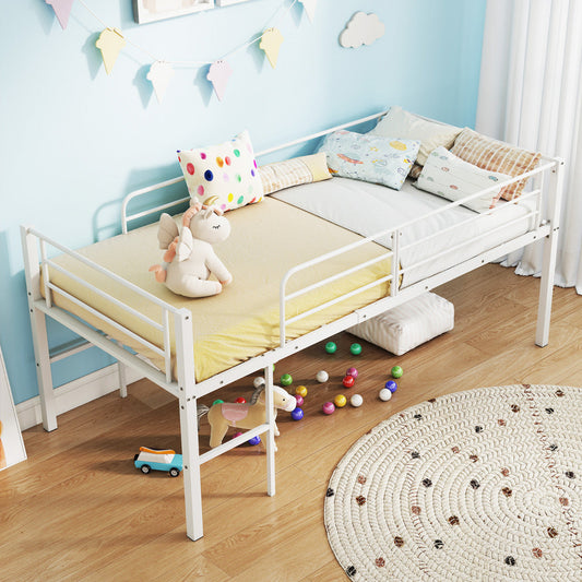 Single Size Low Loft Bed Metal Bed Frame with Safety Guardrails and 2 Ladders-White