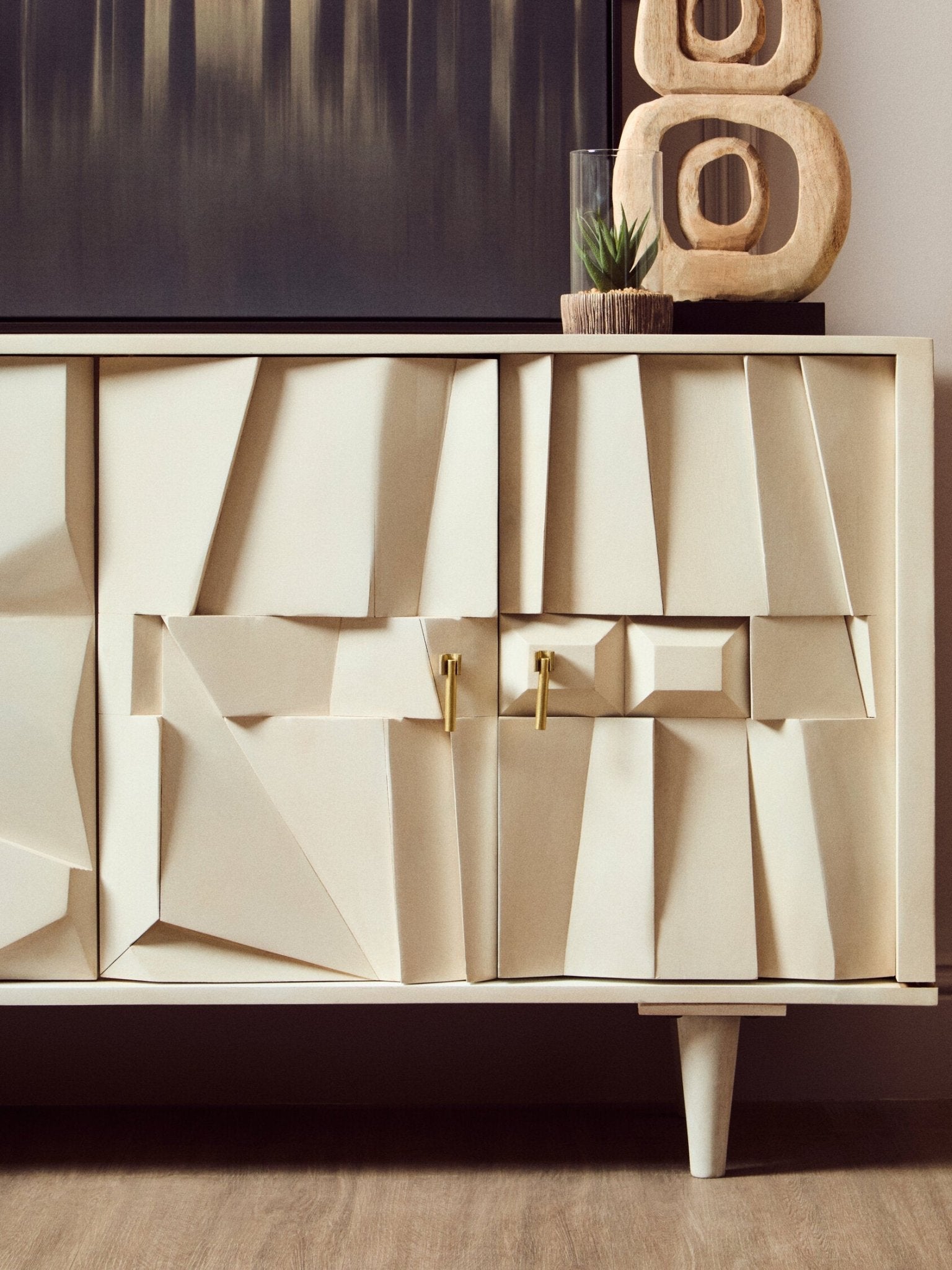 Sita Four Door Whitewash Mango Wood Abstract Sideboard | Luxury Home Accessories | Heulog Glow