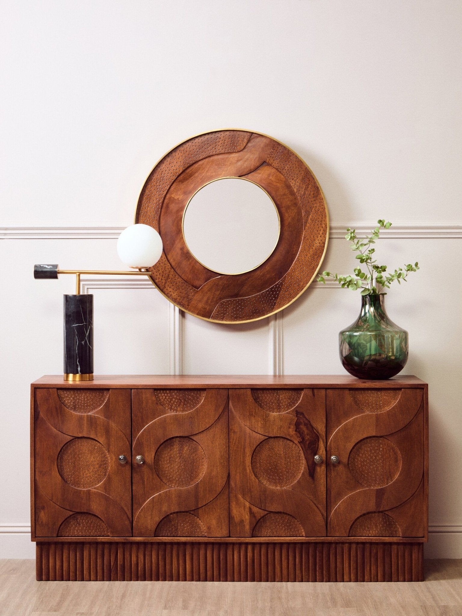 Siva Four Door Mango Wood Hammered Sideboard | Luxury Home Accessories | Heulog Glow