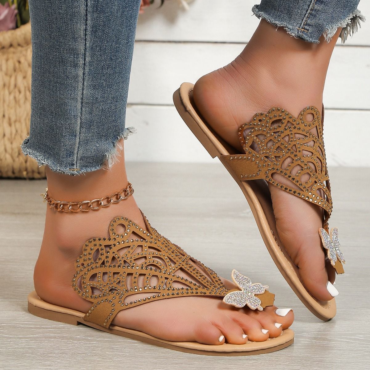 Slip-on Flip-toe Sandals Women's Rhinestone Hollow Flat-heeled Slippers | Luxury Home Accessories | Heulog Glow