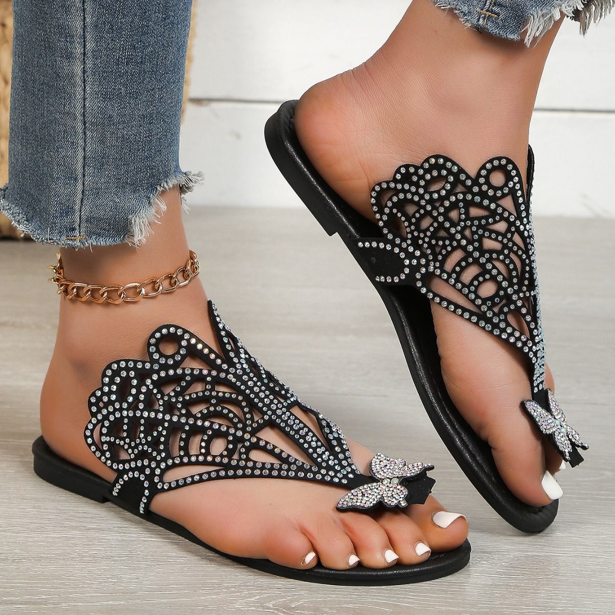 Slip-on Flip-toe Sandals Women's Rhinestone Hollow Flat-heeled Slippers | Luxury Home Accessories | Heulog Glow