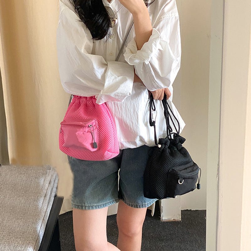 Small Mesh Drawstring Bucket Bag Fashion Cute Messenger Shoulder Bags For Women | Luxury Home Accessories | Heulog Glow