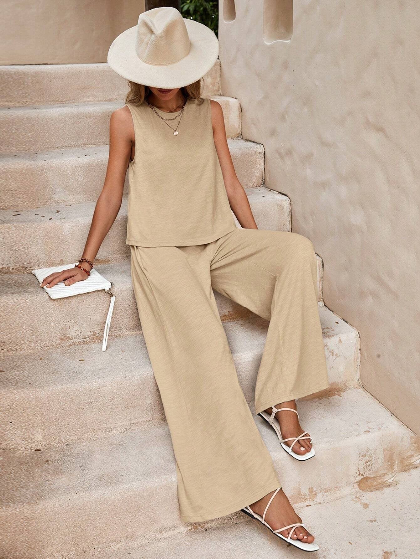 Solid Color Casual Loose Pants Sets For Women Elegant Spring Summer Women's Two Pieces Suit Full Trouser Set Female Outfit Clothes | Luxury Home Accessories | Heulog Glow