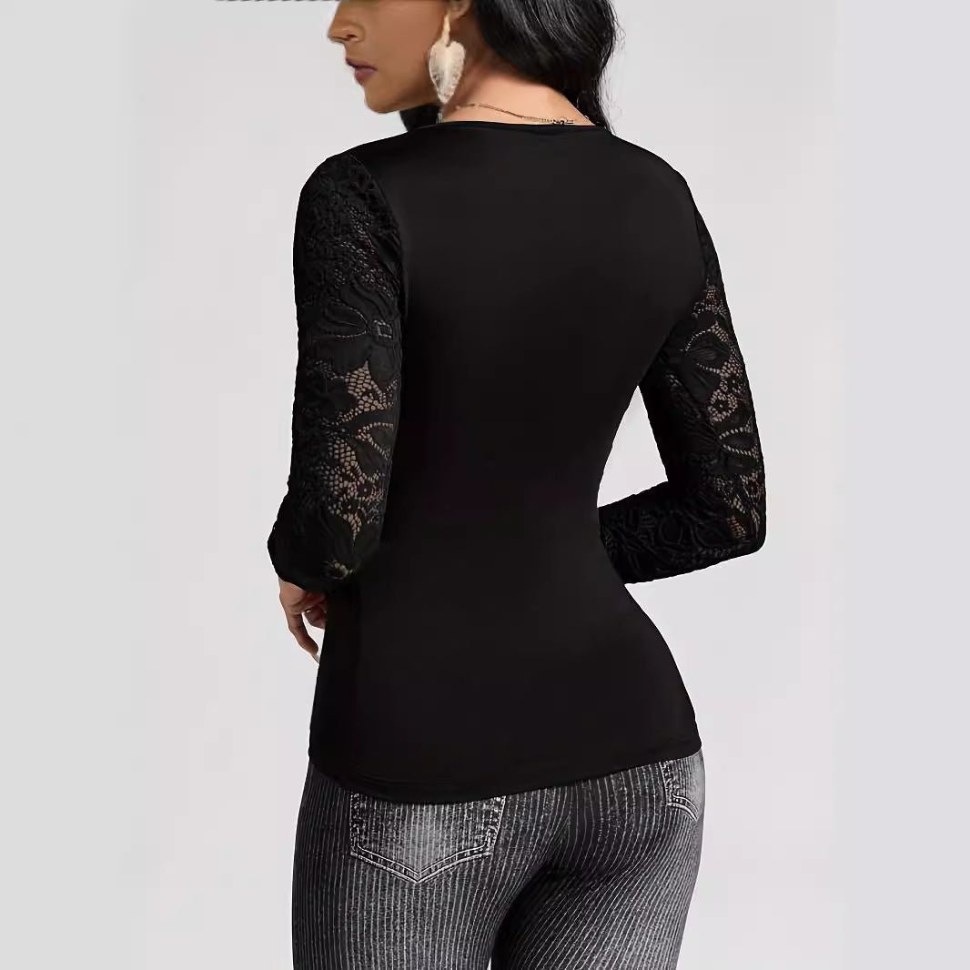 Solid-color Cross-join Lace-sleeve T-shirt | Luxury Home Accessories | Heulog Glow