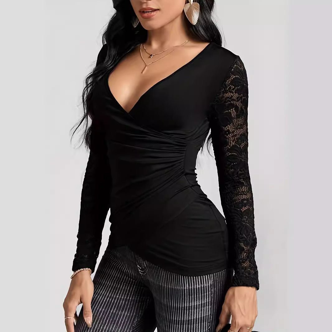 Solid-color Cross-join Lace-sleeve T-shirt | Luxury Home Accessories | Heulog Glow