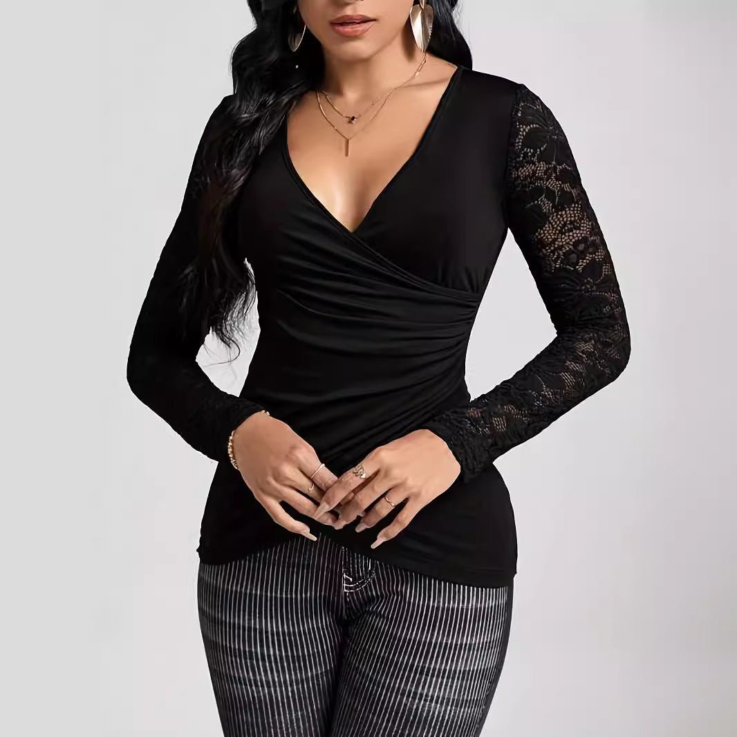Solid-color Cross-join Lace-sleeve T-shirt | Luxury Home Accessories | Heulog Glow