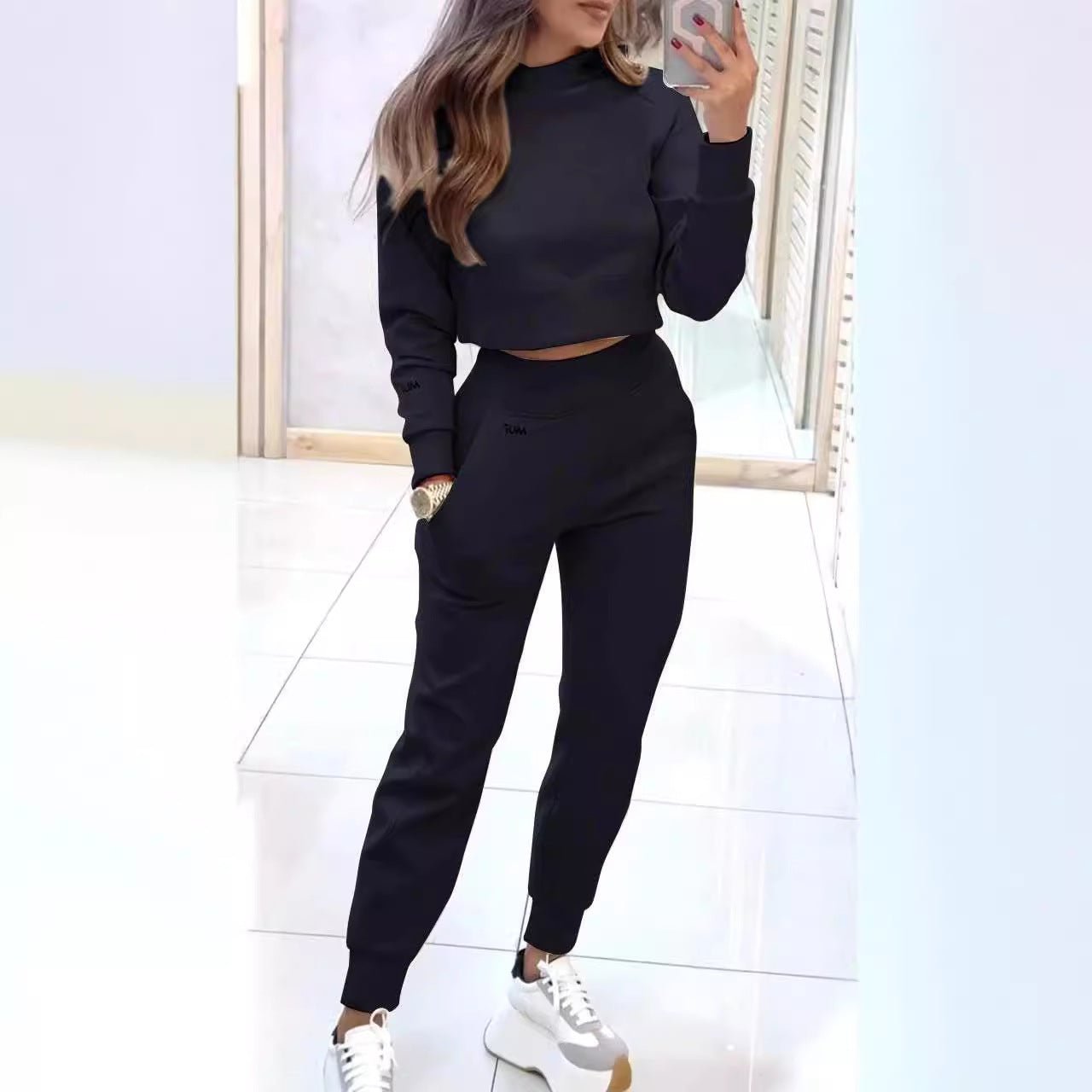Stand Collar Sports Suit Fashion Pullover Long-sleeves Short Top And Slim Trousers With Pockets Solid Outfits Women's Clothing | Luxury Home Accessories | Heulog Glow