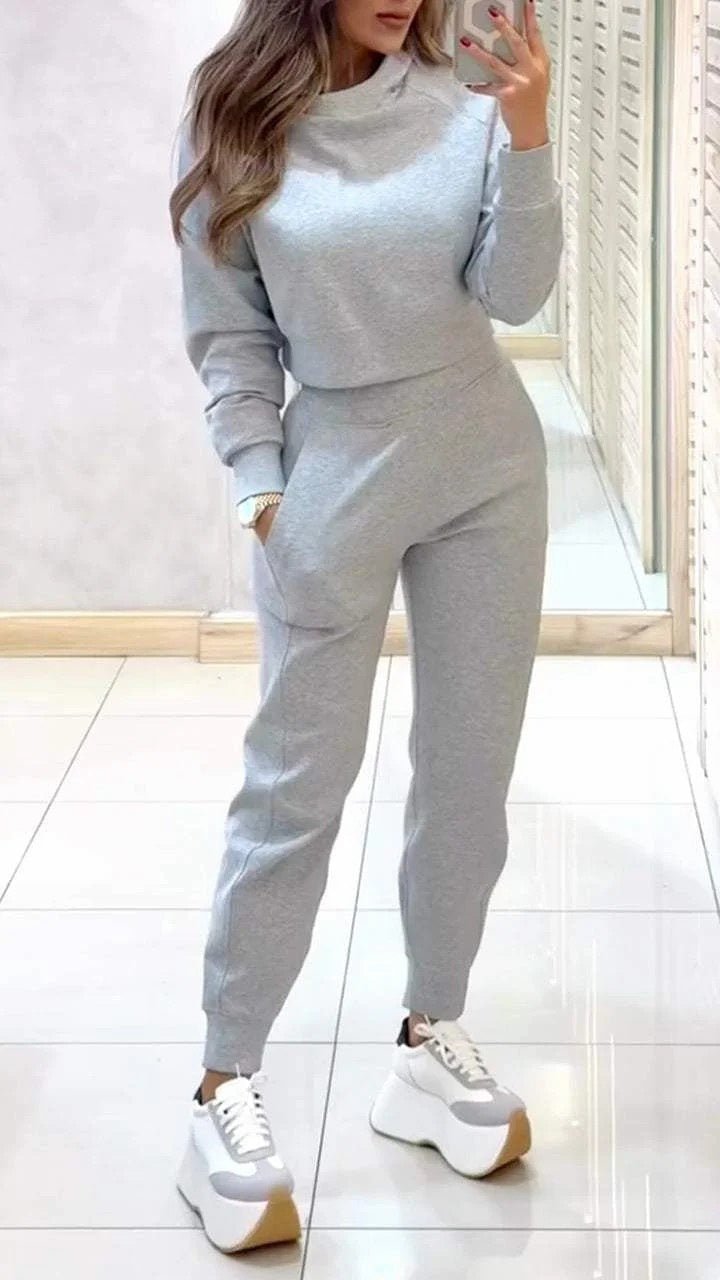 Stand Collar Sports Suit Fashion Pullover Long-sleeves Short Top And Slim Trousers With Pockets Solid Outfits Women's Clothing | Luxury Home Accessories | Heulog Glow