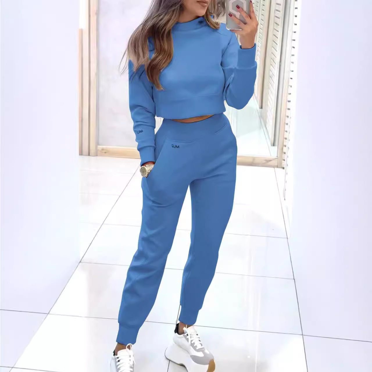Stand Collar Sports Suit Fashion Pullover Long-sleeves Short Top And Slim Trousers With Pockets Solid Outfits Women's Clothing | Luxury Home Accessories | Heulog Glow