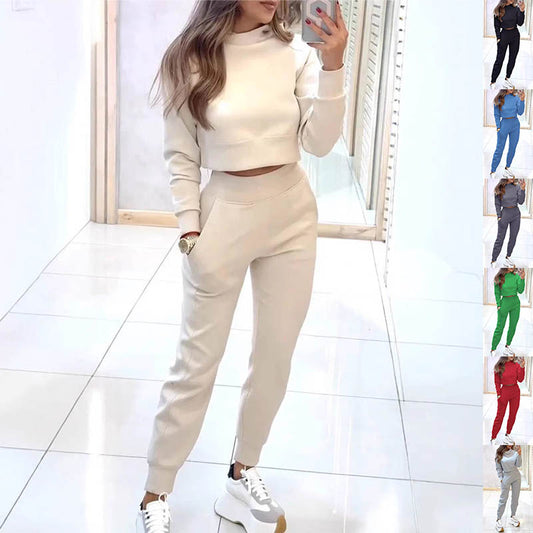 Stand Collar Sports Suit Fashion Pullover Long-sleeves Short Top And Slim Trousers With Pockets Solid Outfits Women's Clothing | Luxury Home Accessories | Heulog Glow