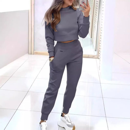 Stand Collar Sports Suit Fashion Pullover Long-sleeves Short Top And Slim Trousers With Pockets Solid Outfits Women's Clothing | Luxury Home Accessories | Heulog Glow