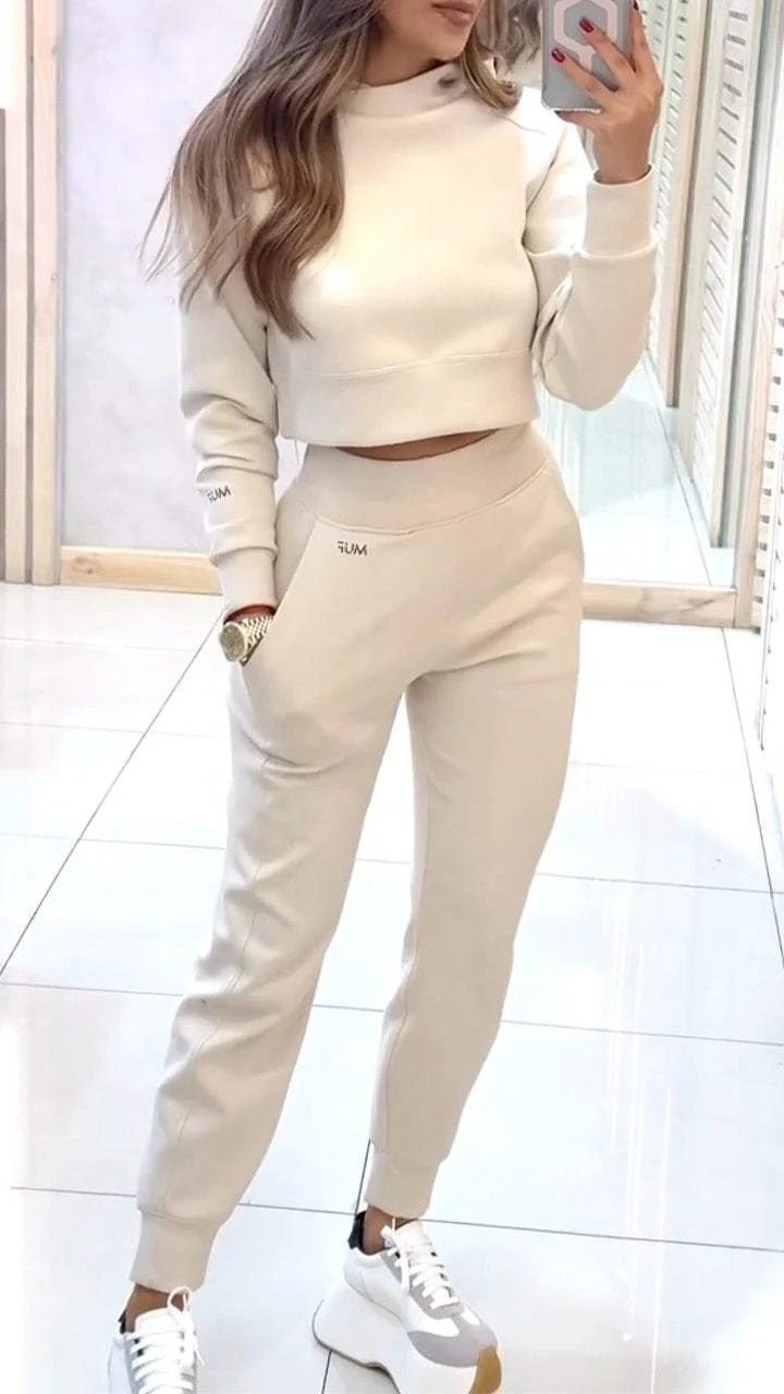 Stand Collar Sports Suit Fashion Pullover Long-sleeves Short Top And Slim Trousers With Pockets Solid Outfits Women's Clothing | Luxury Home Accessories | Heulog Glow