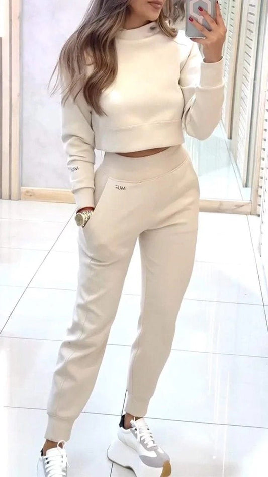 Stand Collar Sports Suit Fashion Pullover Long-sleeves Short Top And Slim Trousers With Pockets Solid Outfits Women's Clothing | Luxury Home Accessories | Heulog Glow