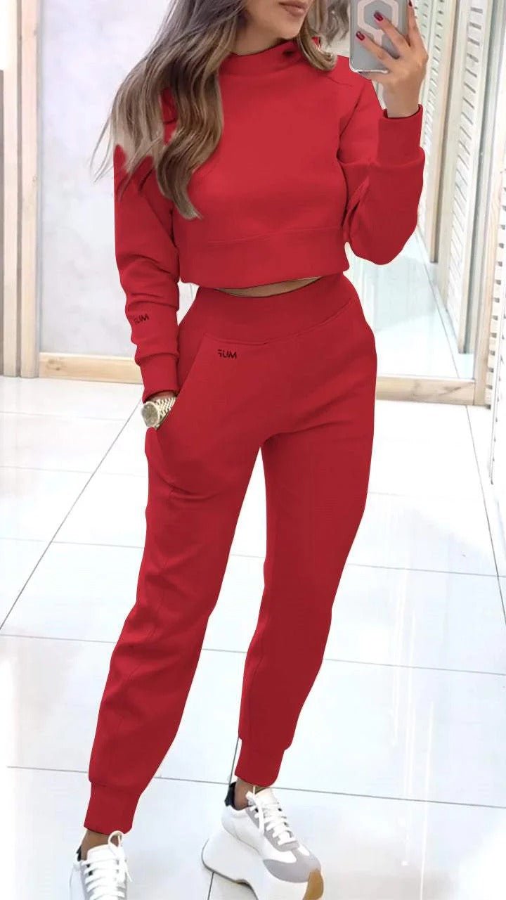 Stand Collar Sports Suit Fashion Pullover Long-sleeves Short Top And Slim Trousers With Pockets Solid Outfits Women's Clothing | Luxury Home Accessories | Heulog Glow