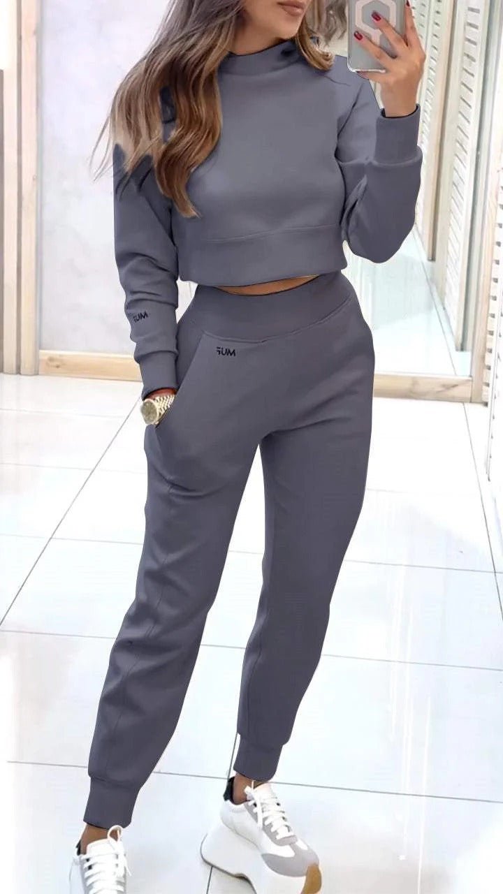 Stand Collar Sports Suit Fashion Pullover Long-sleeves Short Top And Slim Trousers With Pockets Solid Outfits Women's Clothing | Luxury Home Accessories | Heulog Glow