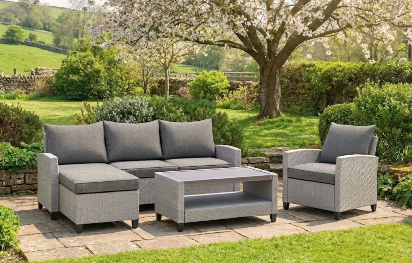 Stockholm Rattan Grey 4 Seater Garden Chaise Lounge & Armchair Set | Luxury Home Accessories | Heulog Glow