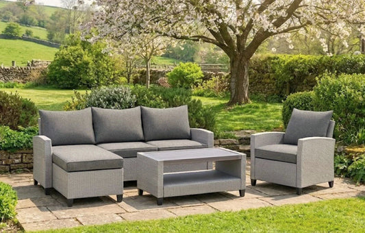 Stockholm Rattan Grey 4 Seater Garden Chaise Lounge & Armchair Set | Luxury Home Accessories | Heulog Glow