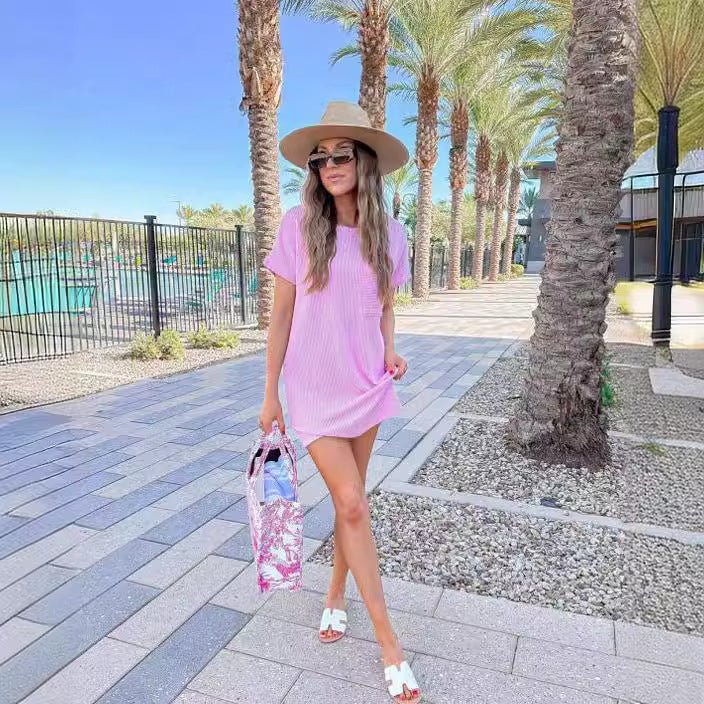 Striped Short Sleeve Pocket Dress Women | Luxury Home Accessories | Heulog Glow