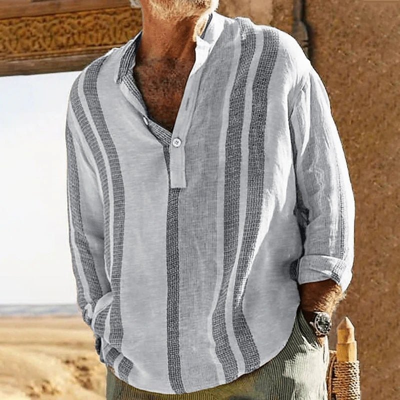 Striped Stand Collar Slub Linen Casual Shirt For Men | Luxury Home Accessories | Heulog Glow