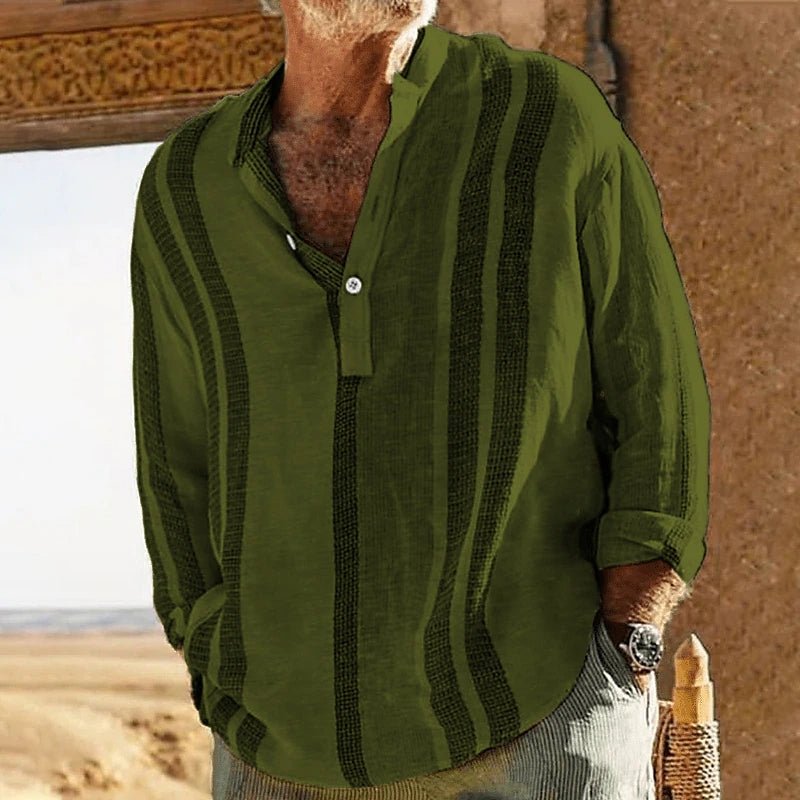 Striped Stand Collar Slub Linen Casual Shirt For Men | Luxury Home Accessories | Heulog Glow
