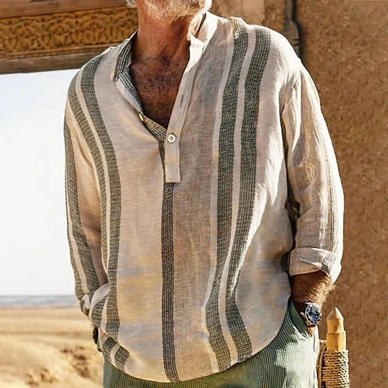 Striped Stand Collar Slub Linen Casual Shirt For Men | Luxury Home Accessories | Heulog Glow