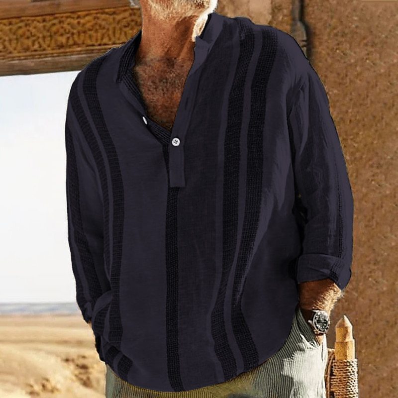 Striped Stand Collar Slub Linen Casual Shirt For Men | Luxury Home Accessories | Heulog Glow