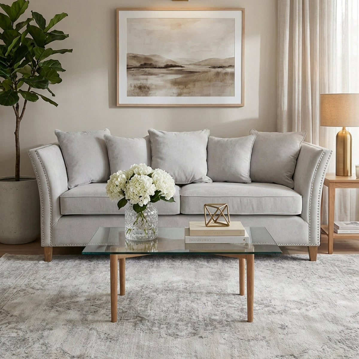 Sutton Three Seat Grey Fabric Sofa | Luxury Home Accessories | Heulog Glow