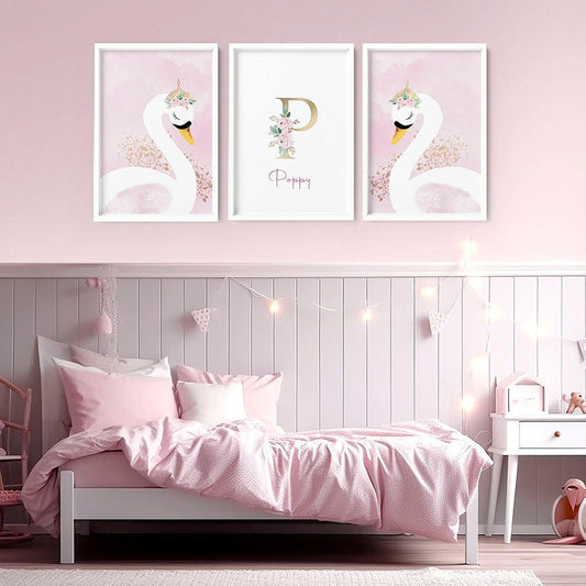 Girl Nursery Wall Decor | Pink Swan Prints Set of 3