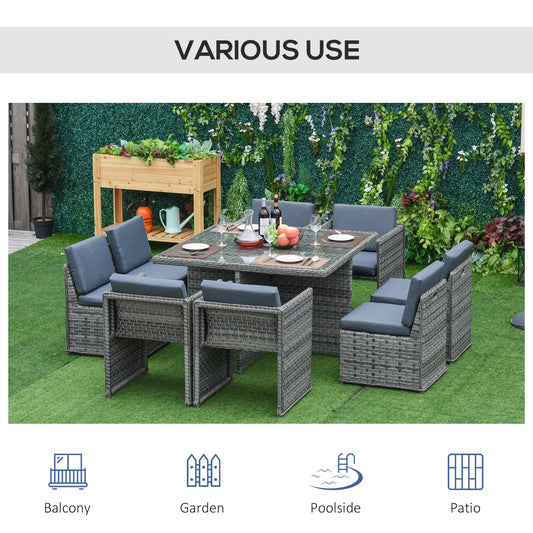9 PCs Rattan Dining Table Chair Set 8-seater Cube Sofa & Umbrella Table Grey