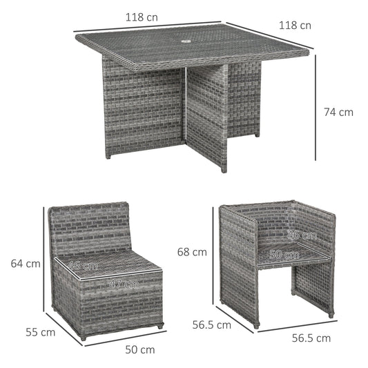 9 PCs Rattan Dining Table Chair Set 8-seater Cube Sofa & Umbrella Table Grey