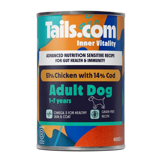 Tails.com Inner Vitality Sensitive Adult Chicken & Cod Can 400g | Luxury Home Accessories | Heulog Glow