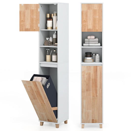 Tall Bathroom Storage Organizer Unit with Rubber Wood Doors-White