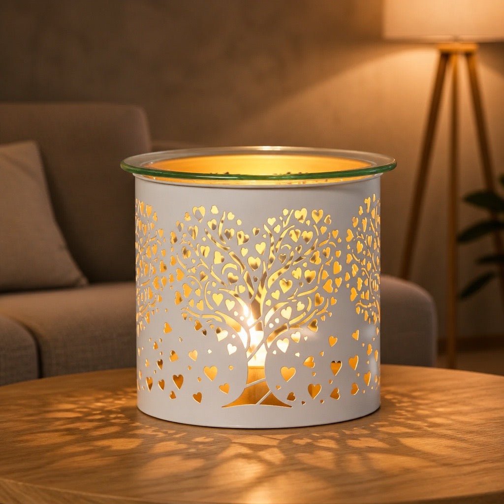 Tealight Wax Melter & Candle Holder – White & Gold Silhouette Heart Tree (10.5cm) | Luxury Home Accessories | Heulog Glow