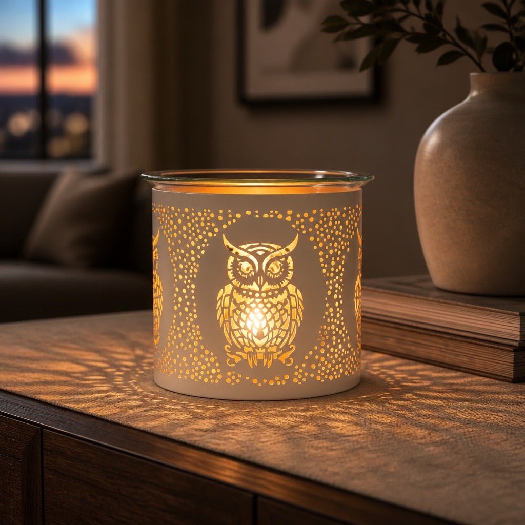 Tealight Wax Melter & Candle Holder – White & Gold Silhouette Owl (10.5cm) | Luxury Home Accessories | Heulog Glow