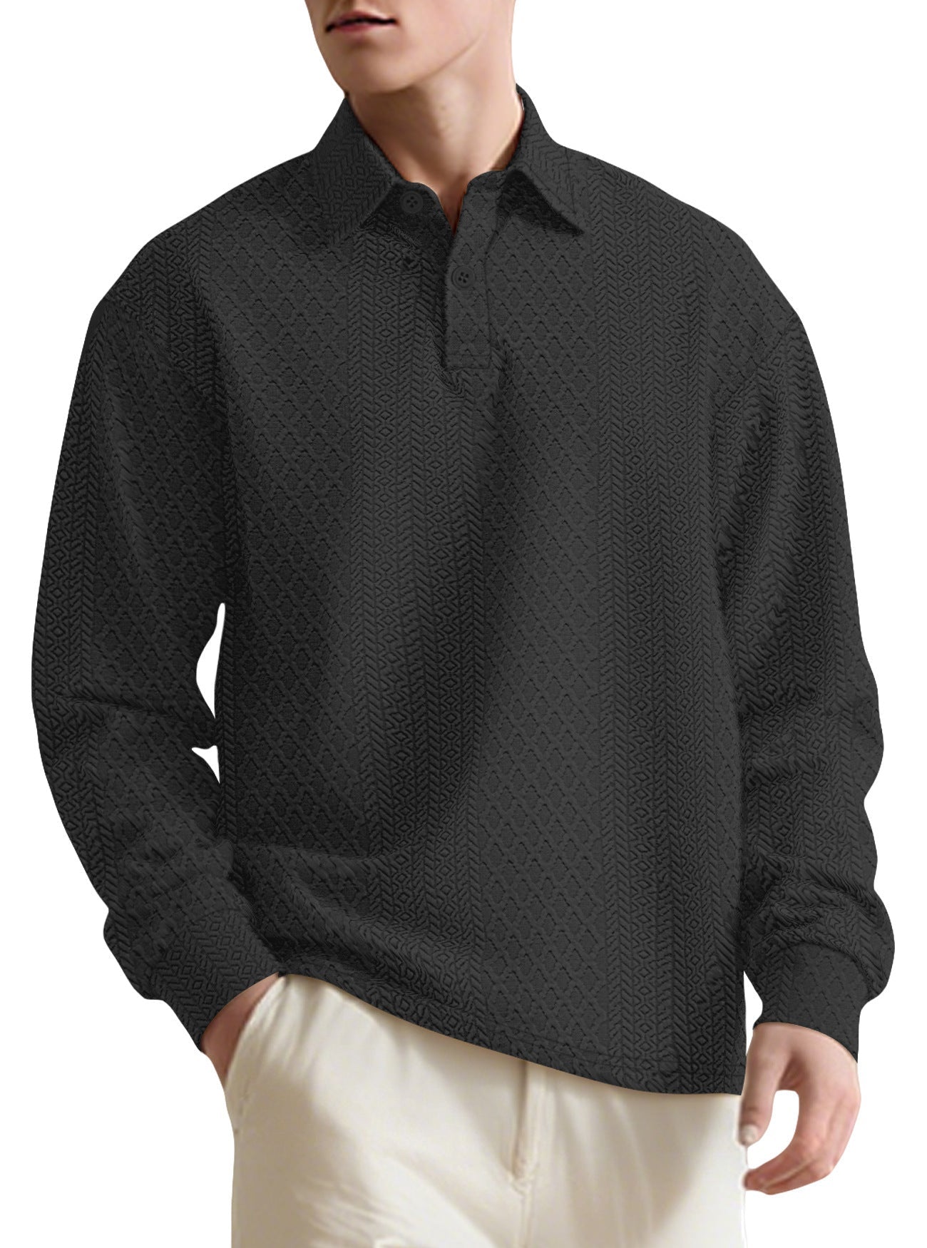 Texture Jacquard Solid Color Men's Long-sleeved Polo Shirt Lapel Loose Sweater | Luxury Home Accessories | Heulog Glow