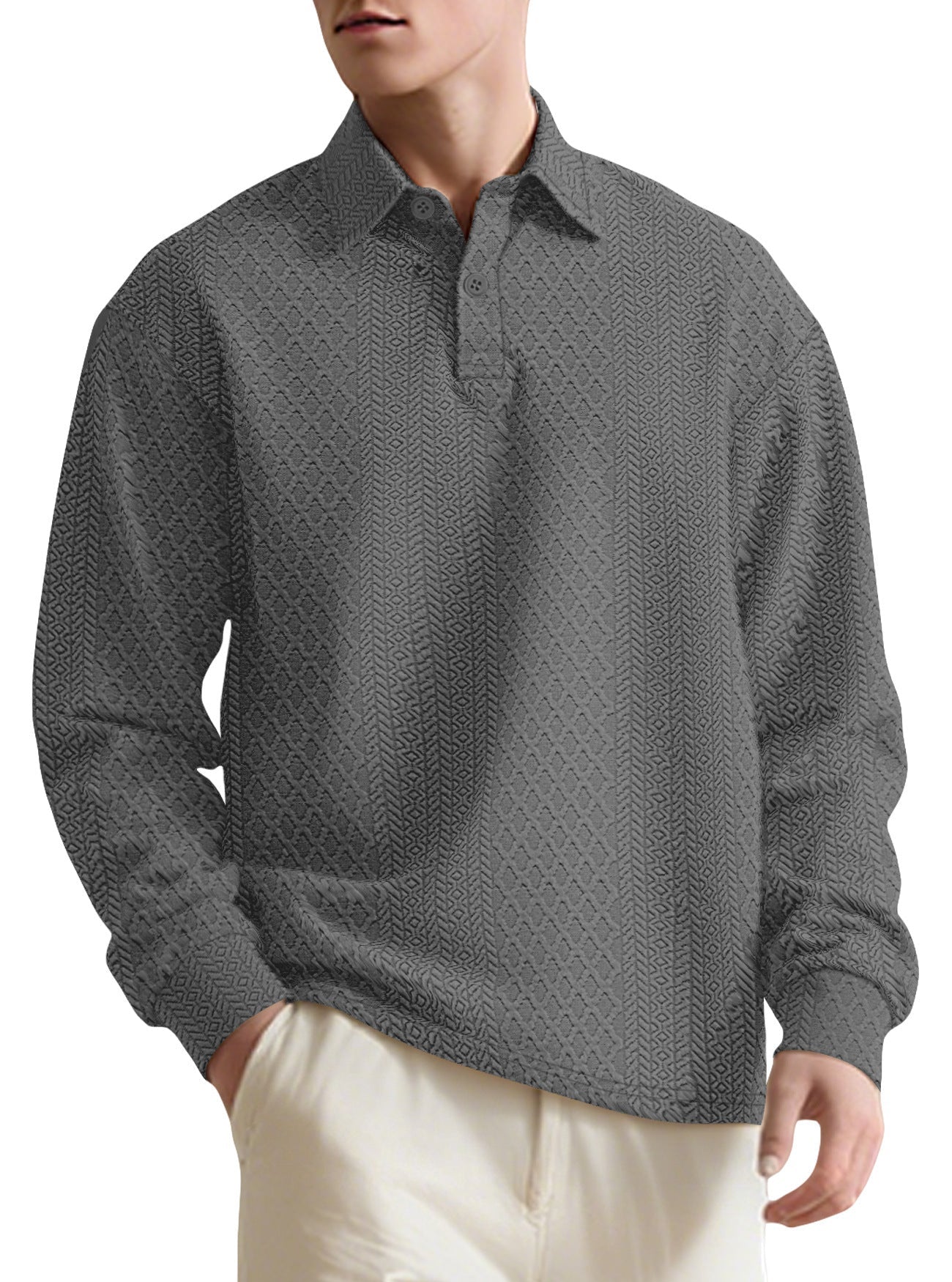 Texture Jacquard Solid Color Men's Long-sleeved Polo Shirt Lapel Loose Sweater | Luxury Home Accessories | Heulog Glow