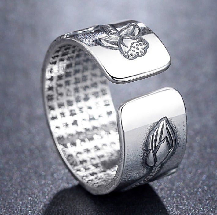 Thai Silver Black Lotus Heart Sutra Ring | Luxury Home Accessories | Heulog Glow