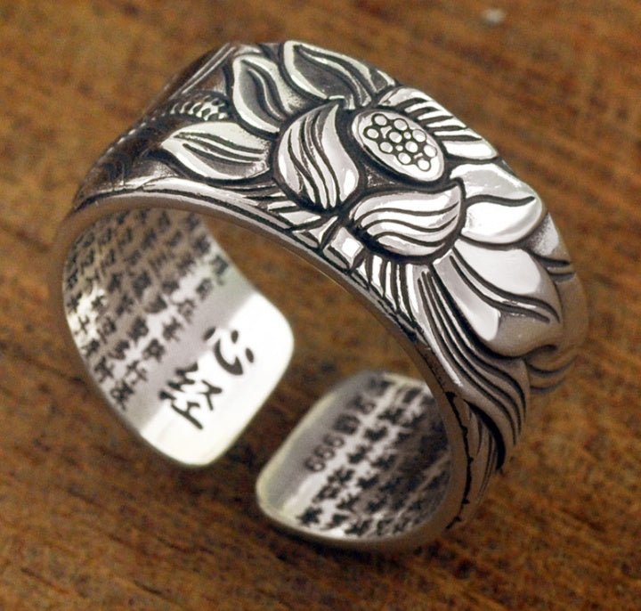 Thai Silver Black Lotus Heart Sutra Ring | Luxury Home Accessories | Heulog Glow