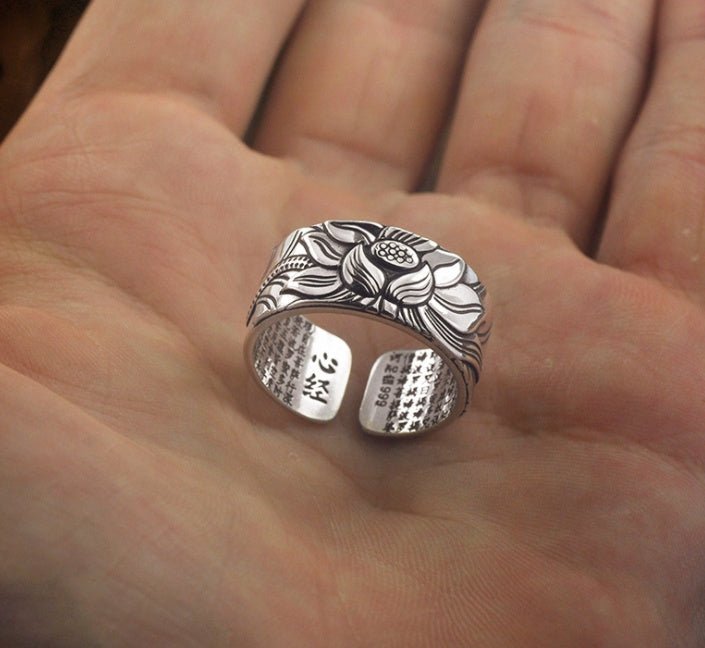 Thai Silver Black Lotus Heart Sutra Ring | Luxury Home Accessories | Heulog Glow