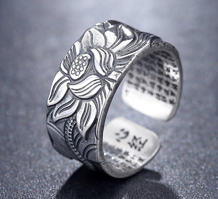 Thai Silver Black Lotus Heart Sutra Ring | Luxury Home Accessories | Heulog Glow