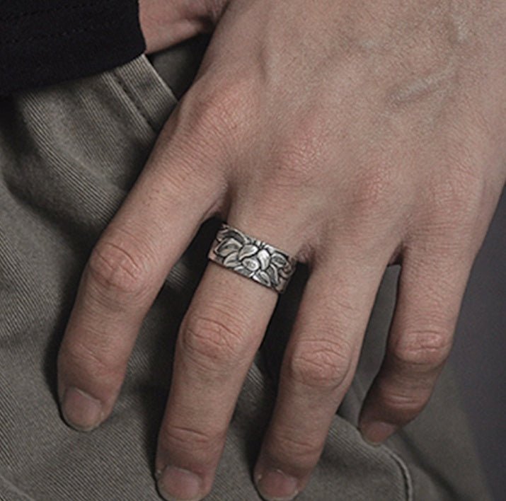 Thai Silver Black Lotus Heart Sutra Ring | Luxury Home Accessories | Heulog Glow