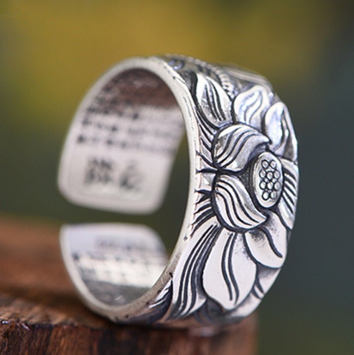 Thai Silver Black Lotus Heart Sutra Ring | Luxury Home Accessories | Heulog Glow